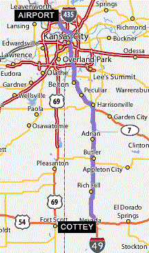 Map from Cottey College to Kansas City, Missouri airport