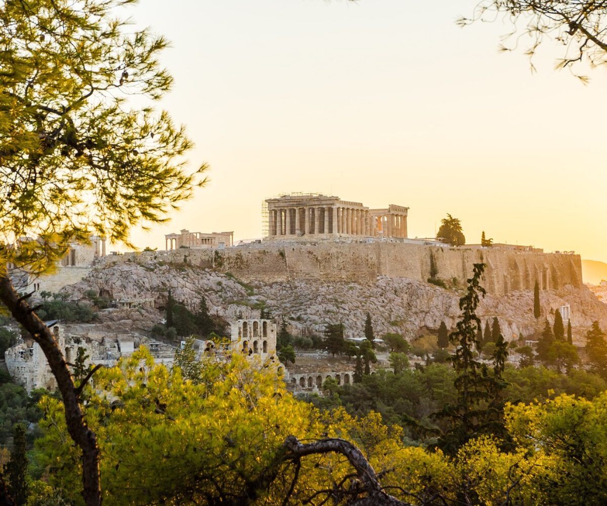 Ancient ruins in Athens Greece with sunlight