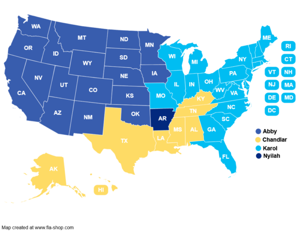 A US Map, divided into territories that Cottey admissions counselors cover.
