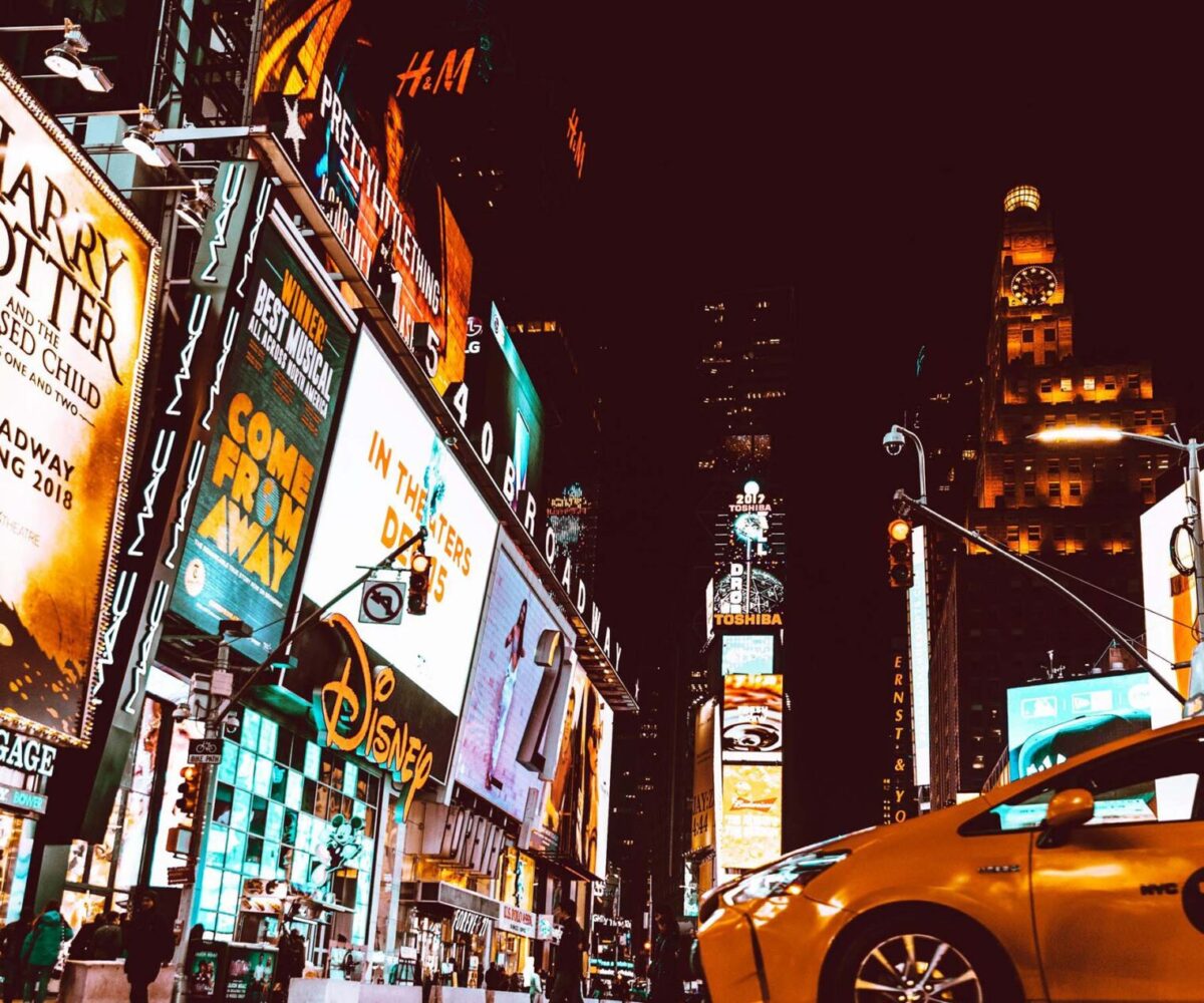 Low angle view of Times Square in New York City.