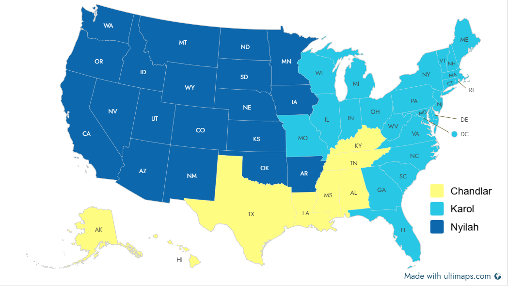 A US Map, divided into territories that Cottey admissions counselors cover.