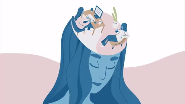 Illustration of woman with a therapy scene in her mind.