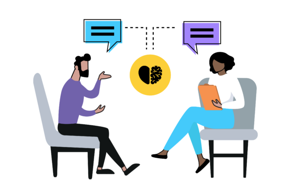 A illustration of two people talking about an image that is half heart, half brain.