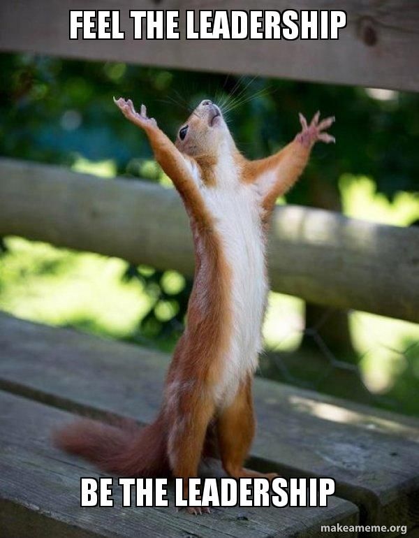 Squirrel standing on bench with caption,
