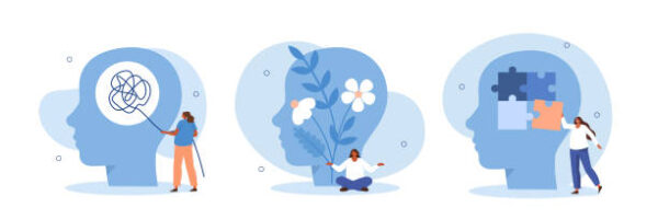 Illustration of three different heads, containing from left to right: a tangled wire, flowers, and puzzle pieces.