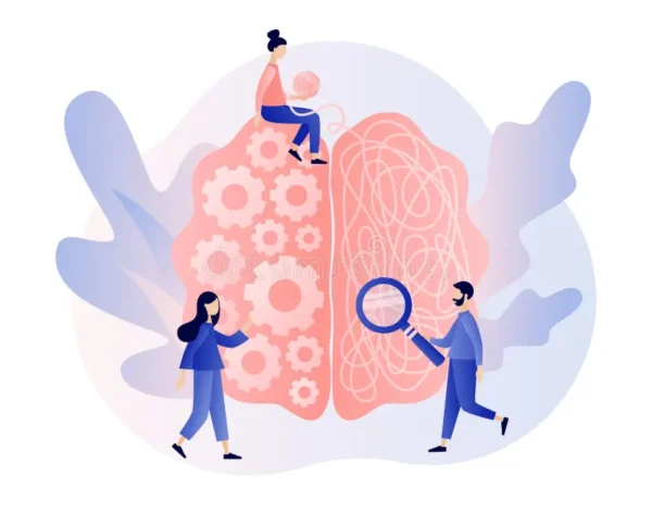 An illustration of a giant brain with people examining it.