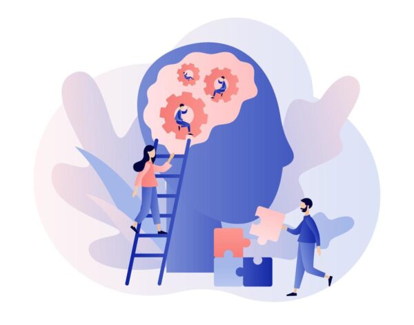 An illustration of a giant head, with people climbing ladders to examine a brain represented by cogs.