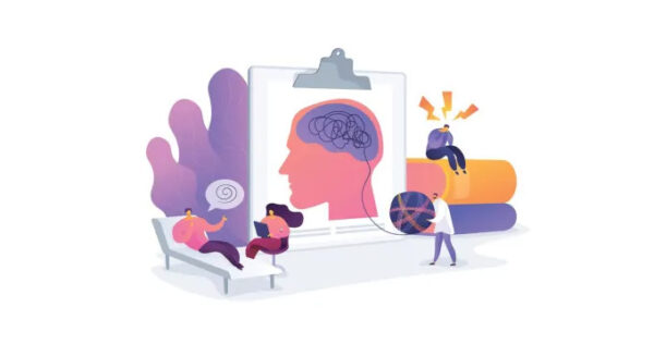 Office workers studying a large picture of a human head, with a ball of string where the brain would be.